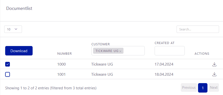 Tickware: Ansicht ERP → Documents