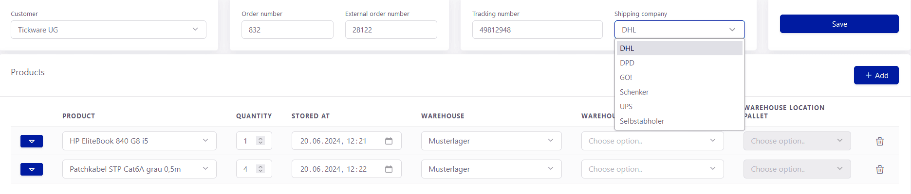 Tickware: Ansicht ERP → Products → Delivery Booking