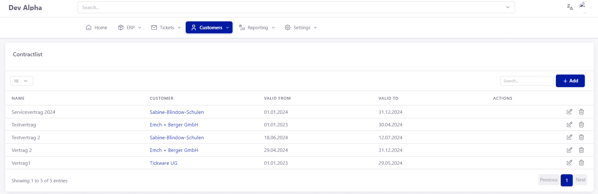 Tickware: Ansicht Customers → Contracts