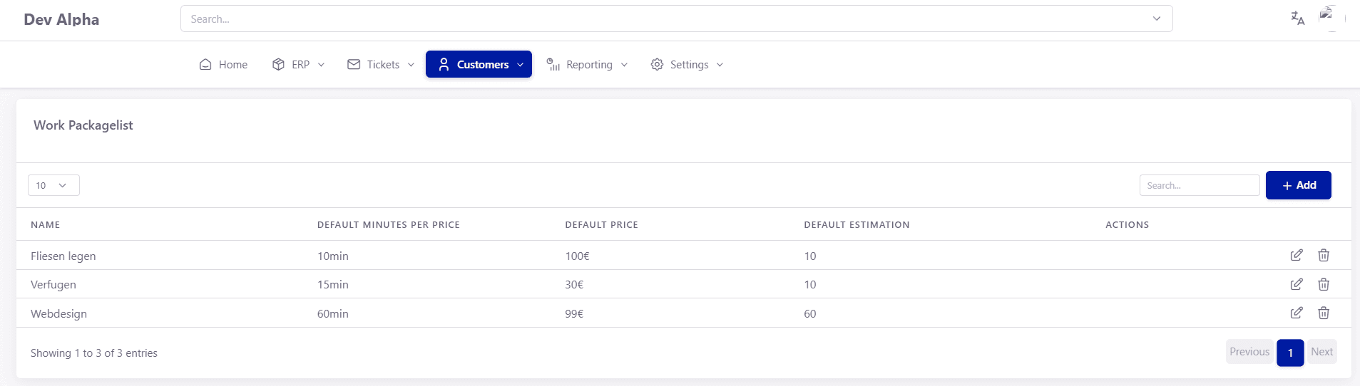 Tickware: Ansicht Customers → Work Packages