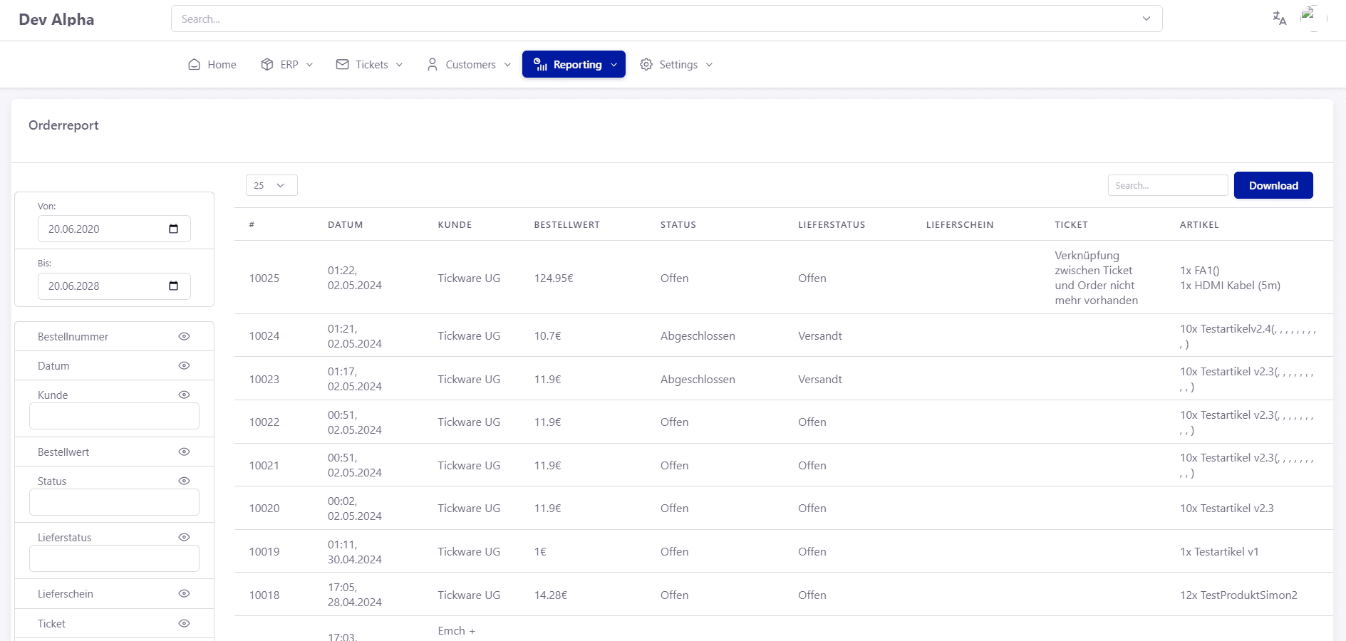 Tickware: Ansicht Reporting → Orders