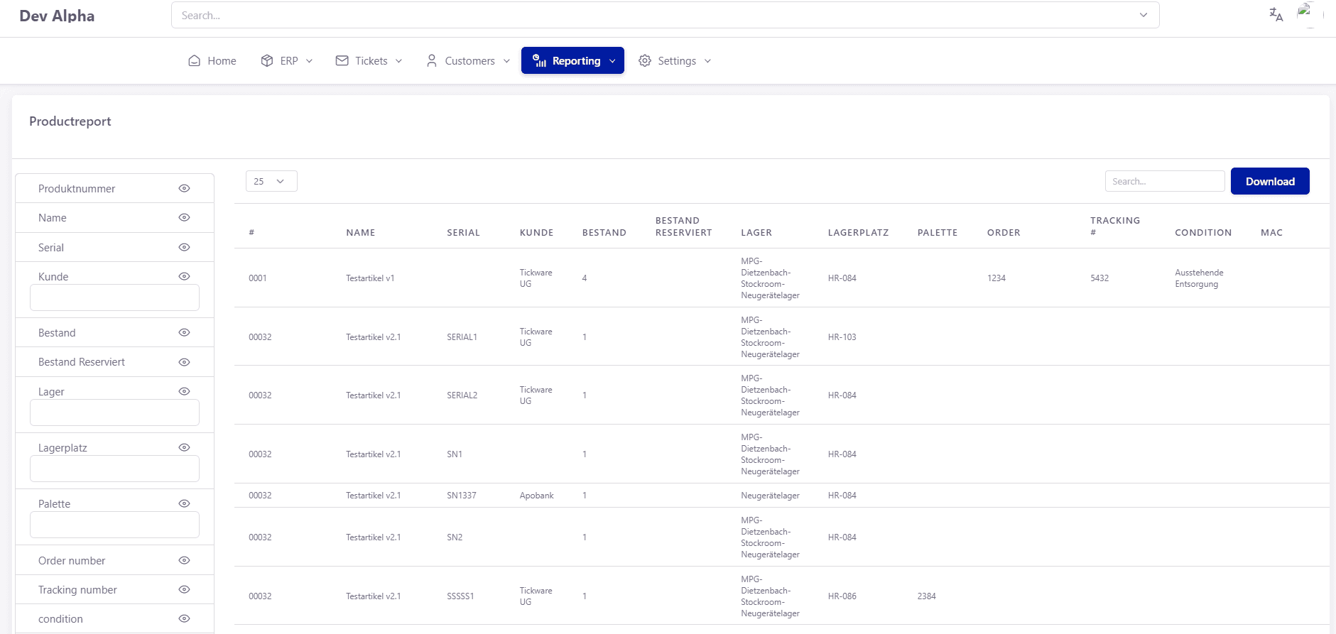Tickware: Ansicht Reporting → Products