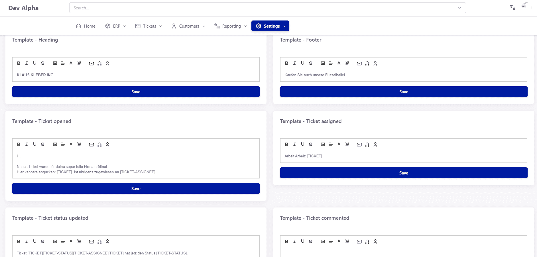 Tickware: Ansicht Settings → Mail Templates