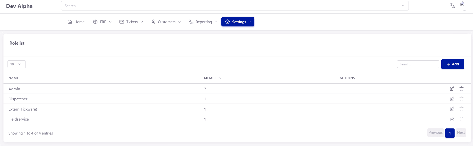 Tickware: Ansicht Unter Settings → Roles