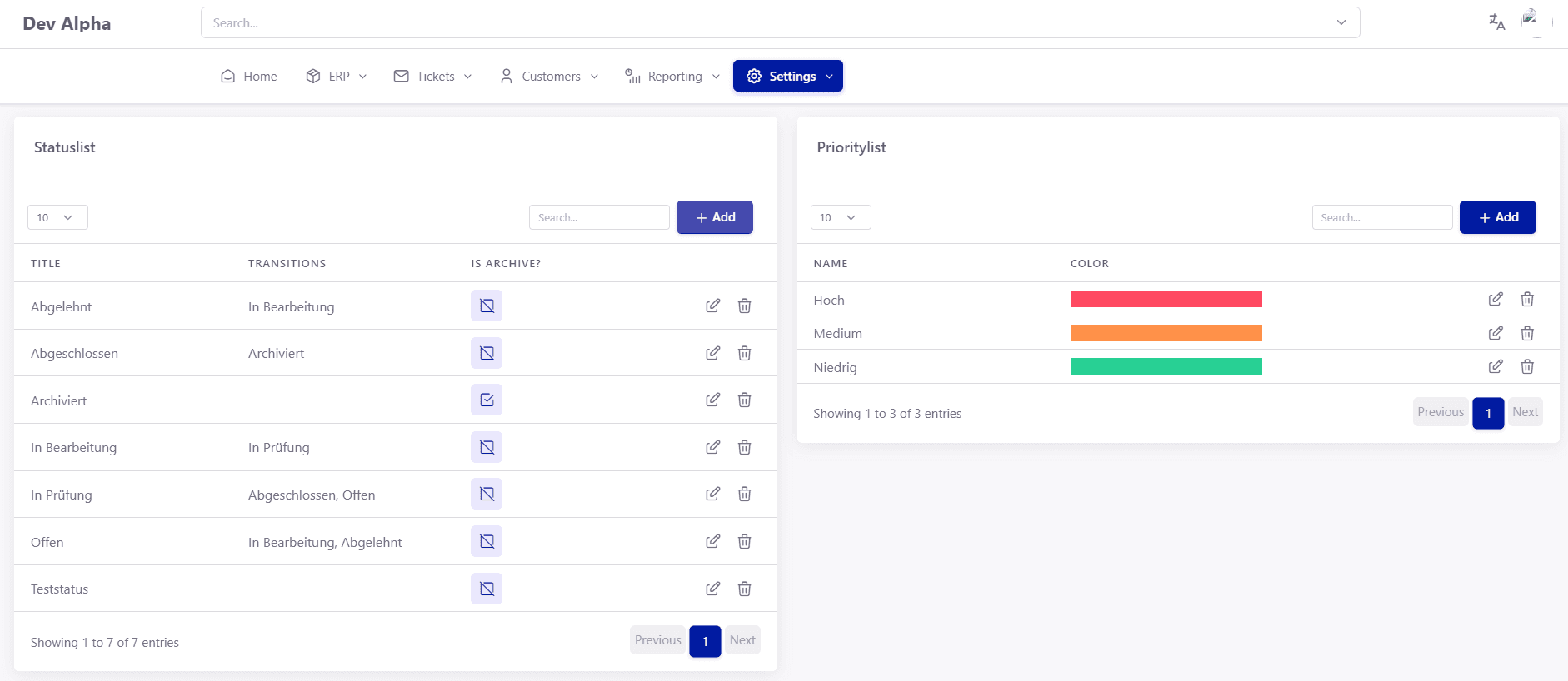 Tickware: Ansicht Settings → Tasks