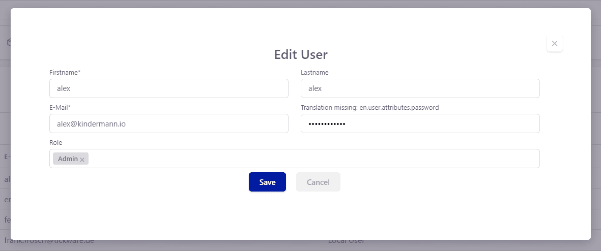 Tickware: Ansicht Settings → Users