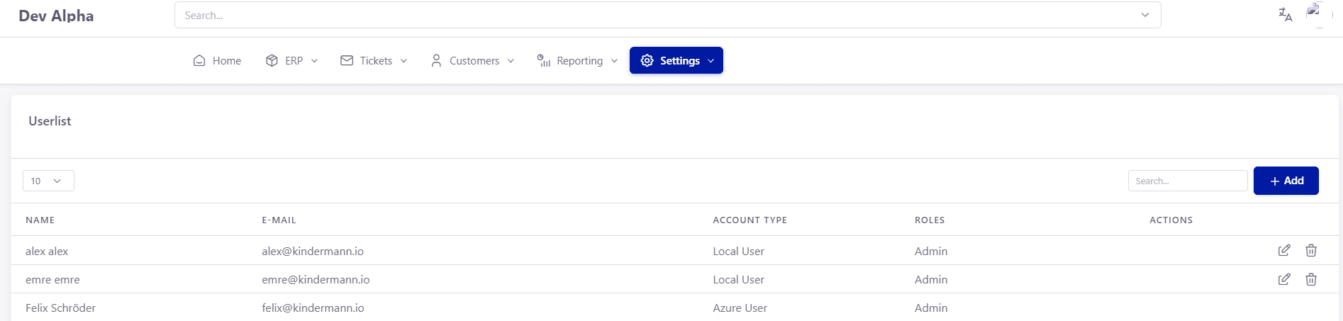 Tickware: Ansicht Settings → Users