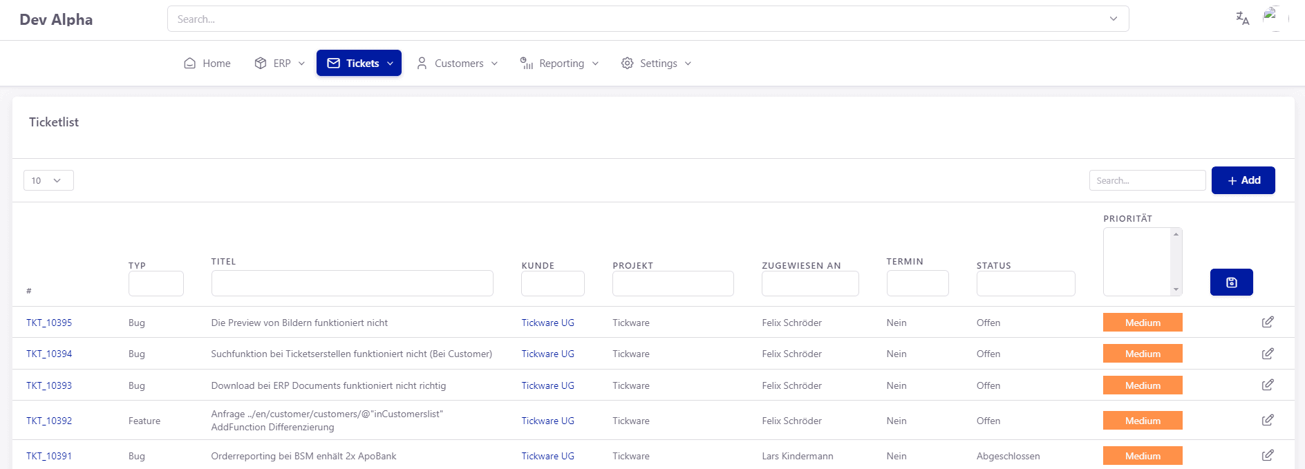 Tickware: Ansicht Tickets → Dann