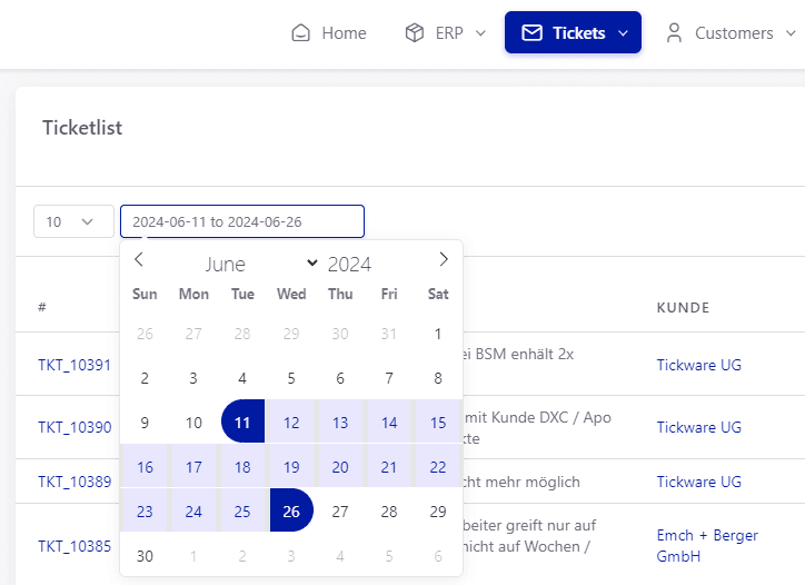 Tickware: Ansicht Tickets → Archive
