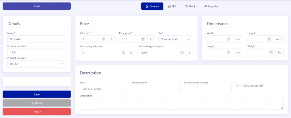 Produktdetails im ERP