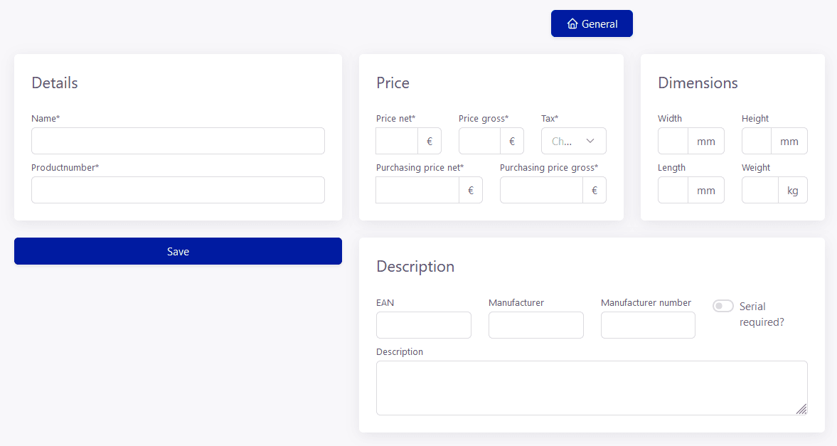 Tickware: Ansicht ERP → Products → Overview