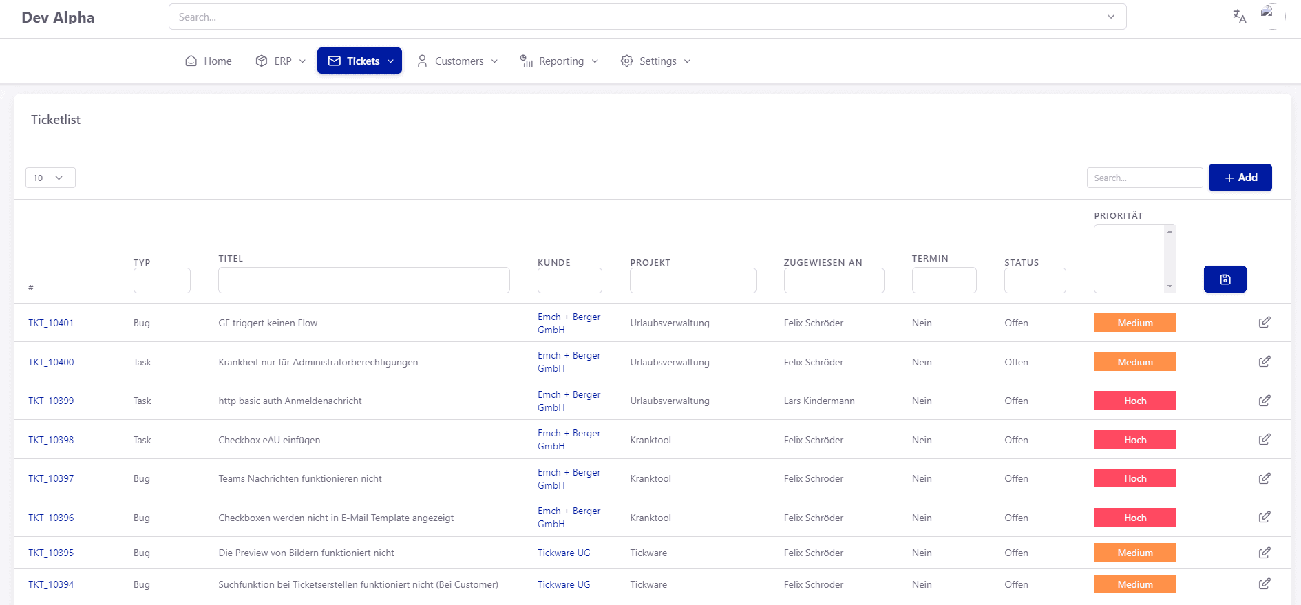 Tickware: Ansicht Reporting → Tickets