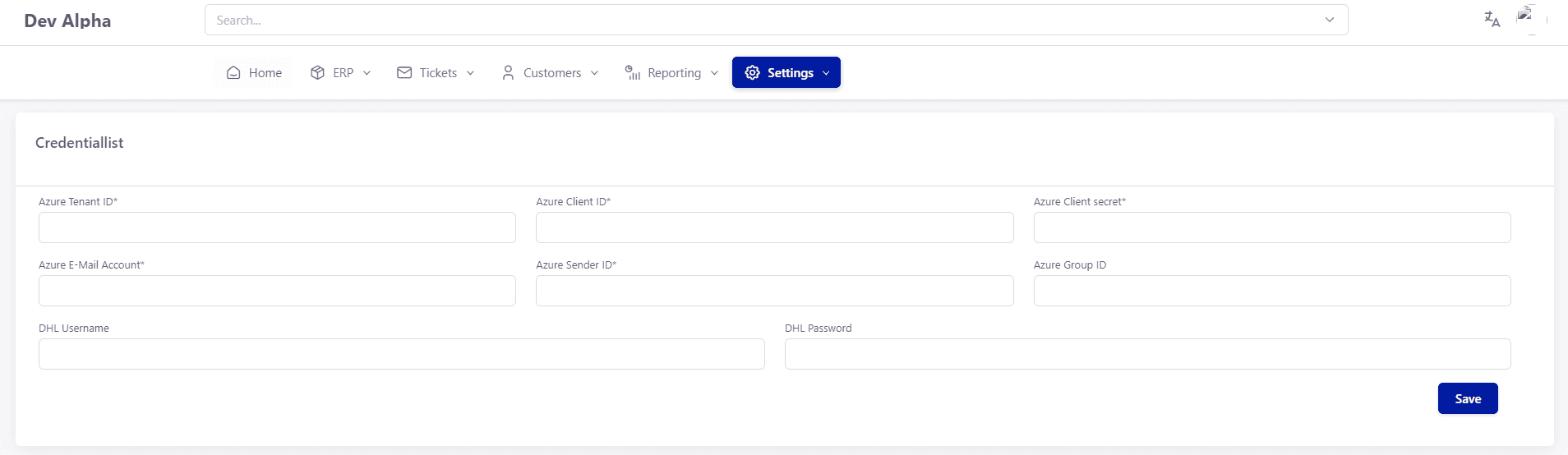 Tickware: Ansicht Unter Settings → Credentials