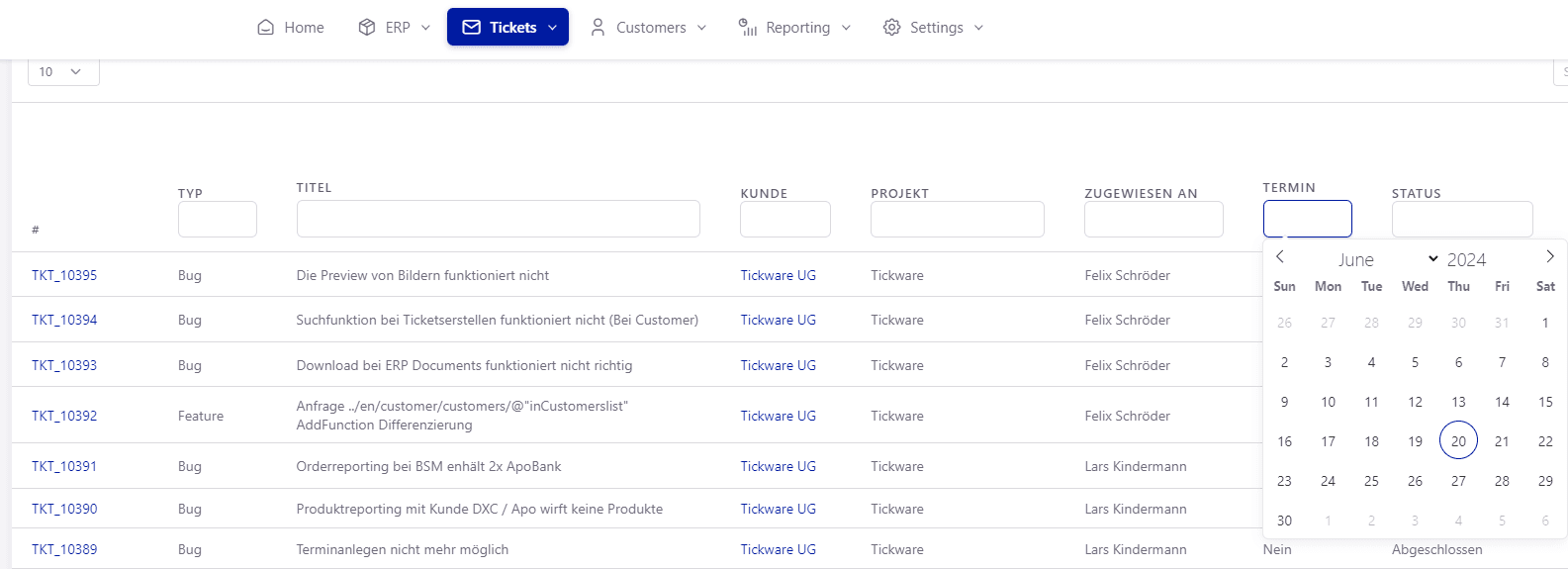 Tickware: Filtern nach Terminen